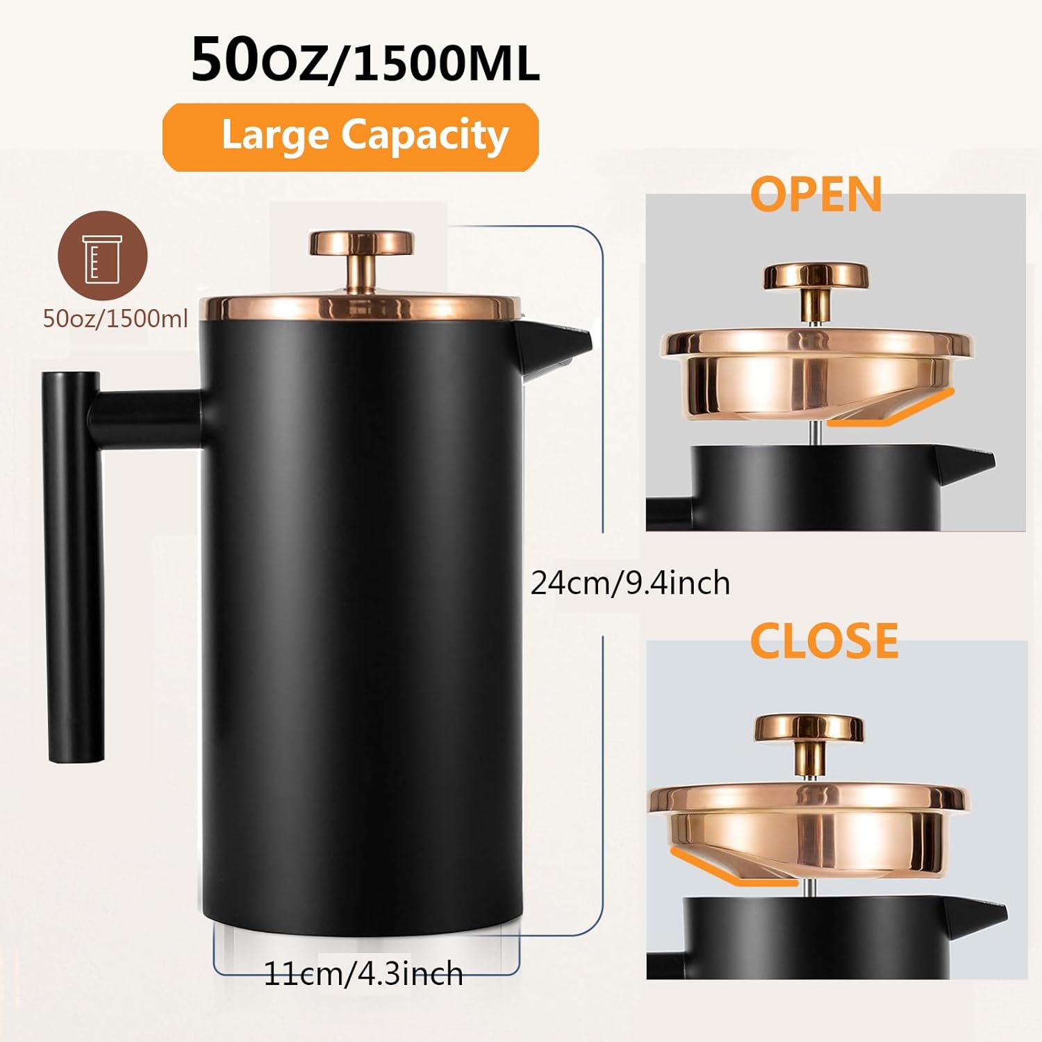 Black French Press Stainless Steel 34oz