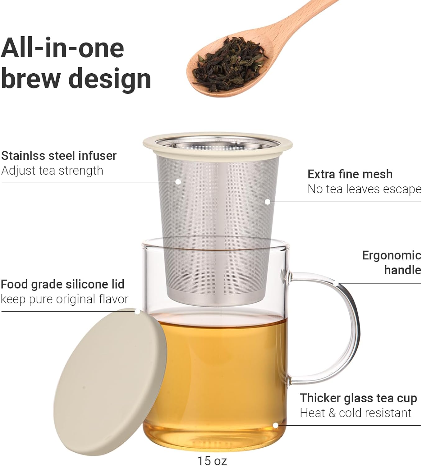 emoi 15 oz Glass Tea Cup with Infuser & Lid, Ideal for Loose Leaf Tea, Gray | Tea Mug with Extra Fine Mesh 304 Stainless Steel Steeper & Silicone Lid