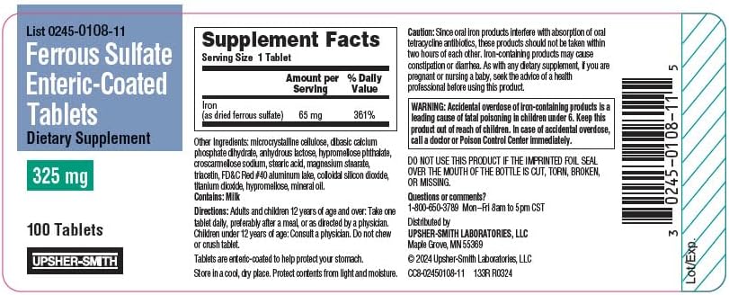 Ferrous Sulfate 325mg Enteric-Coated Tablets 100 Count