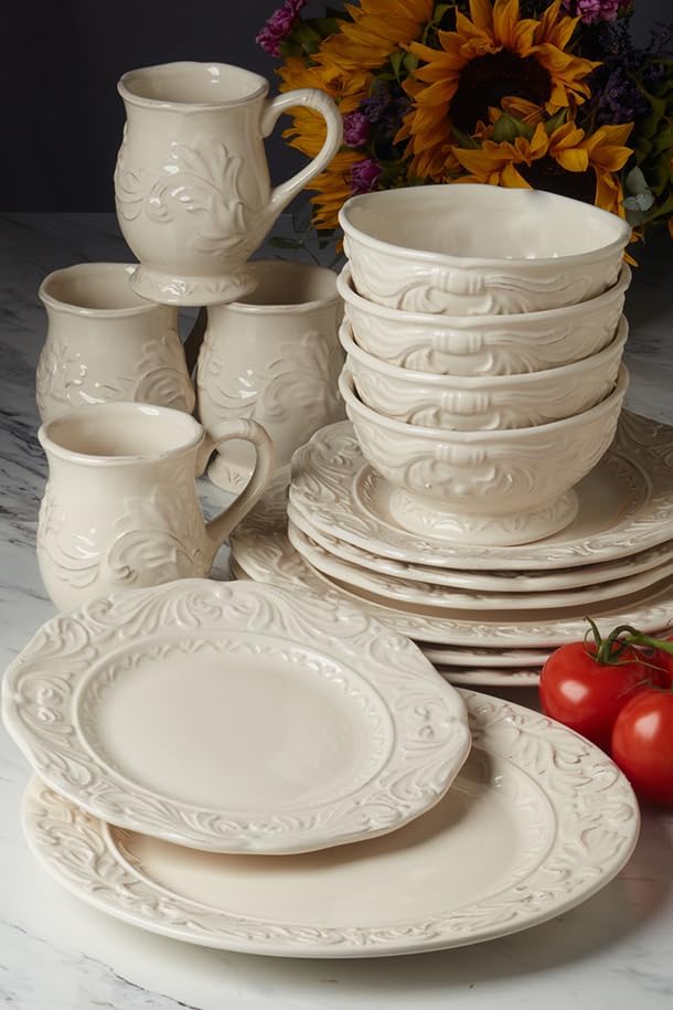Firenze Ivory 16-Piece Ceramic Dinnerware Set, Service for 4 – Embossed Plates
