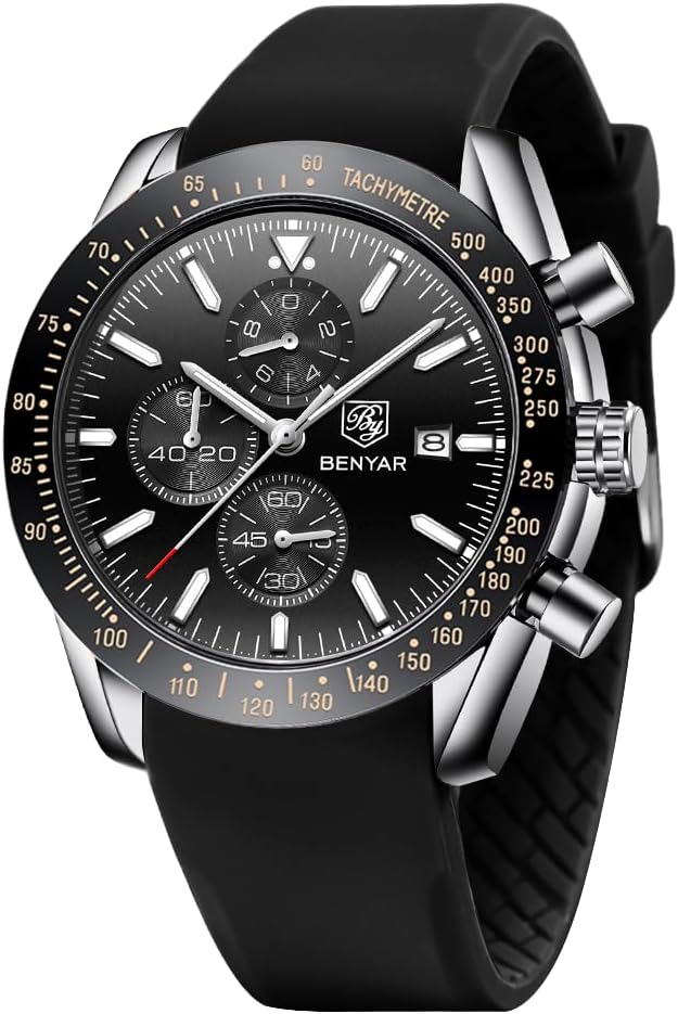 BENYAR Watch for Men Analog Quartz Chronograph Waterproof Luminous Designer Mens Wrist Watches Business Work Sport Casual Dress Watch with Silicone Strap Elegant Gifts for Men