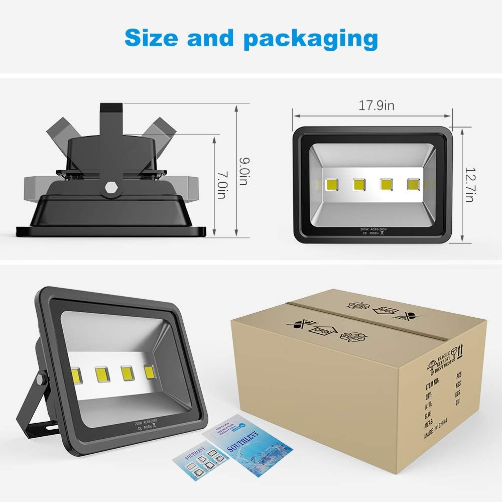 200W LED Flood Lights Outdoor, 110-285V, 20000LM Super Bright Security Light Fixture, IP66 Waterproof 6000K Daylight White，Landscape Commercial Industrial Lighting Fixtures