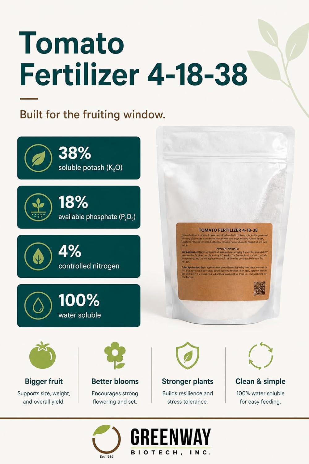 Greenway Biotech, Inc. Tomato Fertilizer 4-18-38 Powder - Water Soluble with Chelated Micronutrients for Tomatoes Peppers Eggplant - Bigger Fruit Better Flavor - Hydroponics or Soil - 5 LB