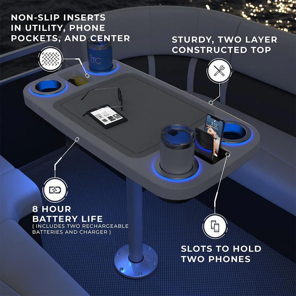 Manufacturers' Select Battery Op Lit Marine Boat Table Leg Set. Large Top with Blue LED Drink Holder. Pontoon Accessories