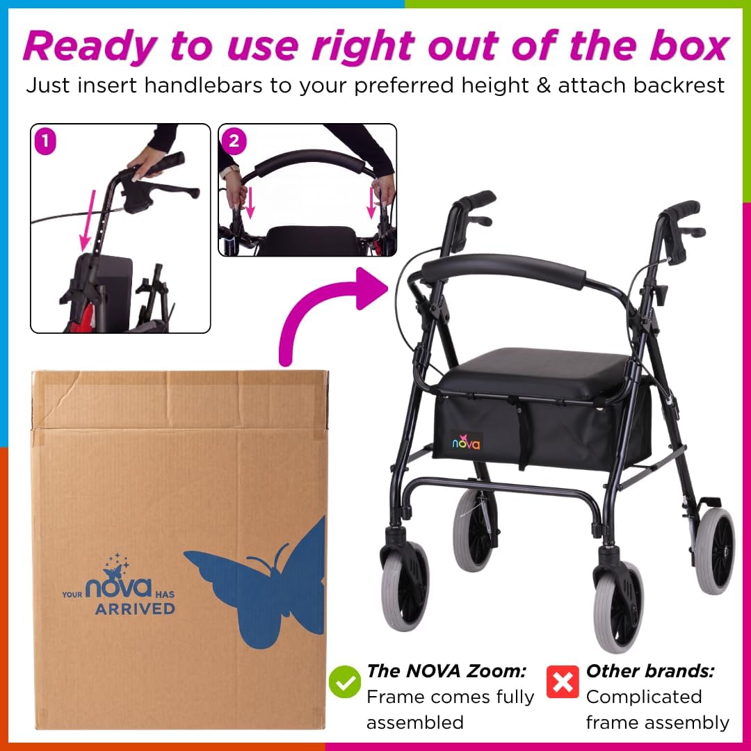 NOVA Zoom 22 Rollator Walker for Seniors, Rolling Walker with Locking Hand Brakes, Padded Seat & 8" Wheels, Lock N Load for Easy Transport & Storage, Adjustable Height 5'5"–6'1", Red