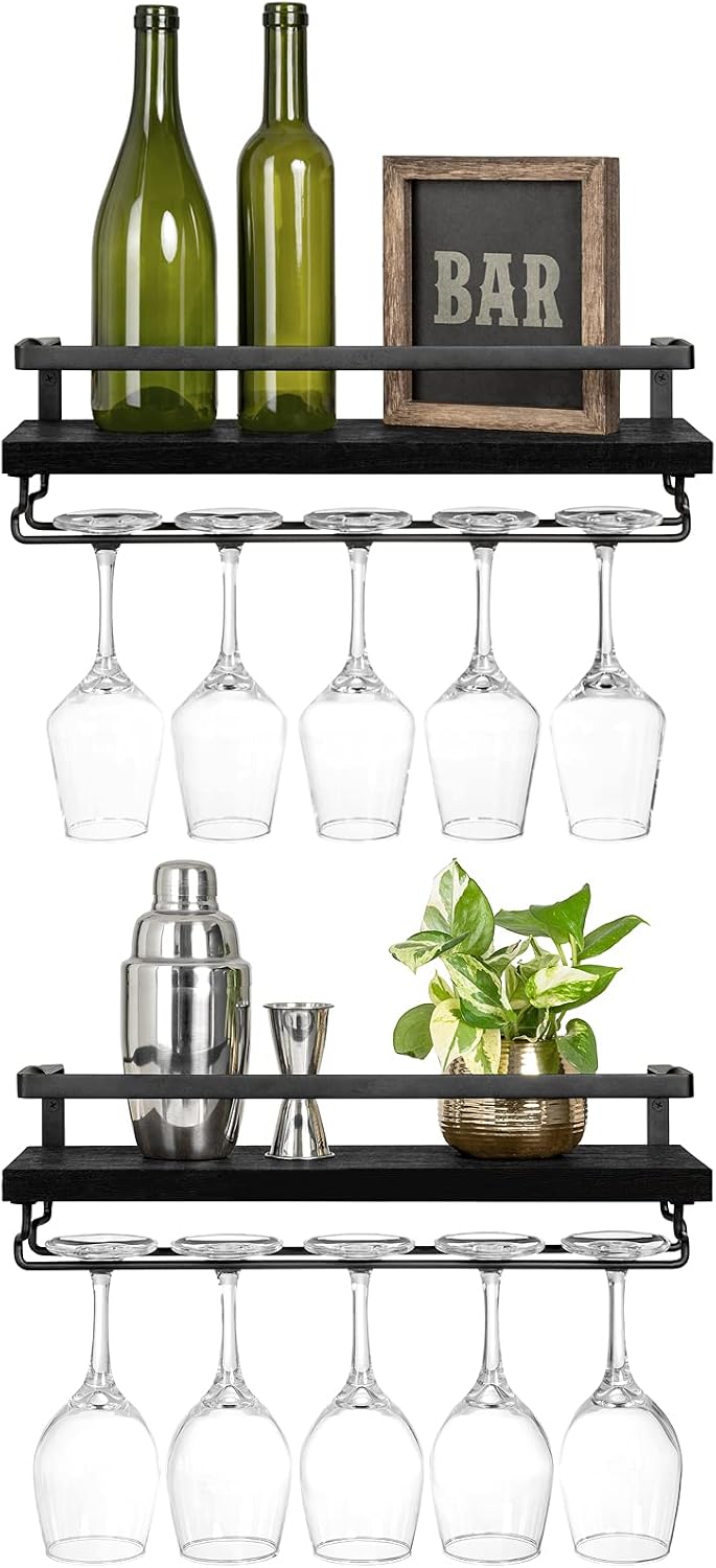 Mkono Wall Mounted Wine Rack Set of 2 Wood Rustic Wine Bottle Glass Floating Shelves with Stemware Hanger Modern Plants Photos Wine Display Storage