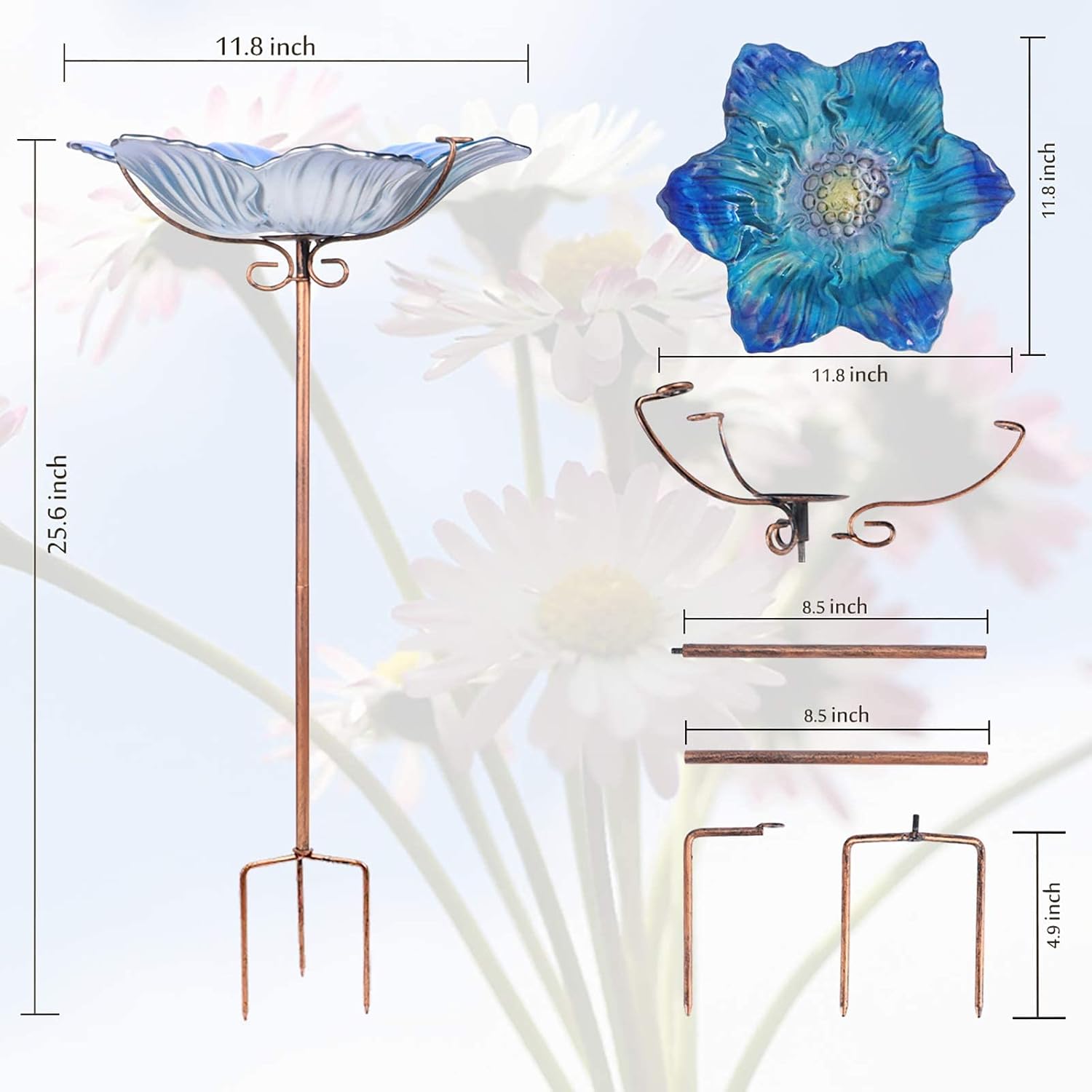 MUMTOP Glass Bird Bath Outdoor Birdfeeder Blue Flower Bowl with Metal Stake