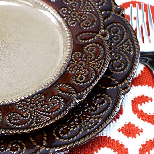 Elama Round Decorated Stoneware Scallop Embossed Dinnerware Dish Set, 16 Piece, Luna