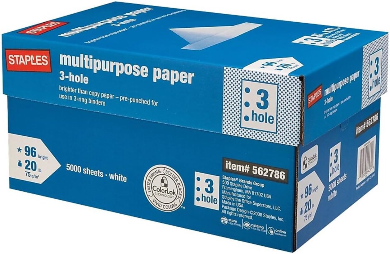 Staples Multipurpose Paper, 8 1/2 x 11, 3-Hole Punched, Ream, for Office, School & Home | Pre-punched white paper ready for standard 3-ring binders. Sold by the ream.