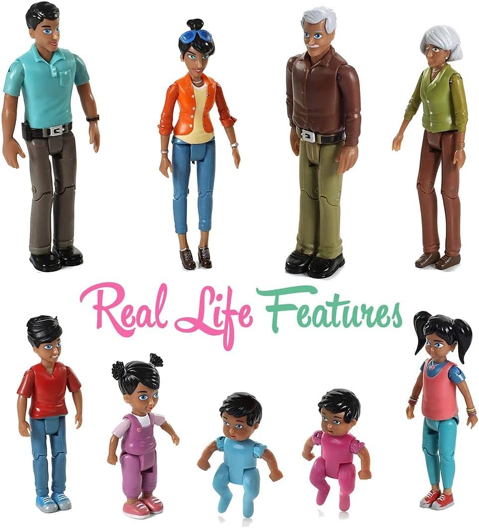 Beverly Hills Doll Collection Sweet Li'l Family Hispanic Dollhouse People Set of 9 Action Figure Set - Grandpa, Grandma, Mom, Dad, Sister, Brother