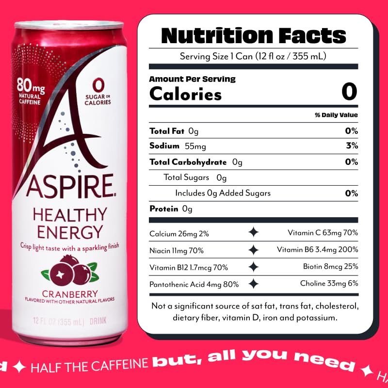 ASPIRE® Raspberry Acai, Healthy Energy Drink 80mg Natural Caffeine, Zero Sugar No Carbs Keto Friendly, 12 Pack Green Tea Sugar Free Drink Low Caffeine Zero Calorie