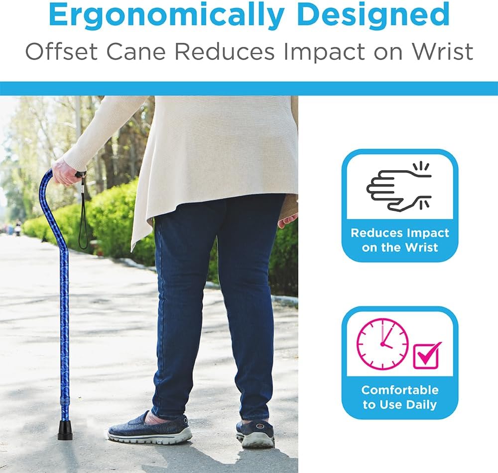 NOVA Offset Walking Cane for Seniors, Men & Women – Lightweight Adjustable Walking Cane with Soft Foam Grip, Wrist Strap