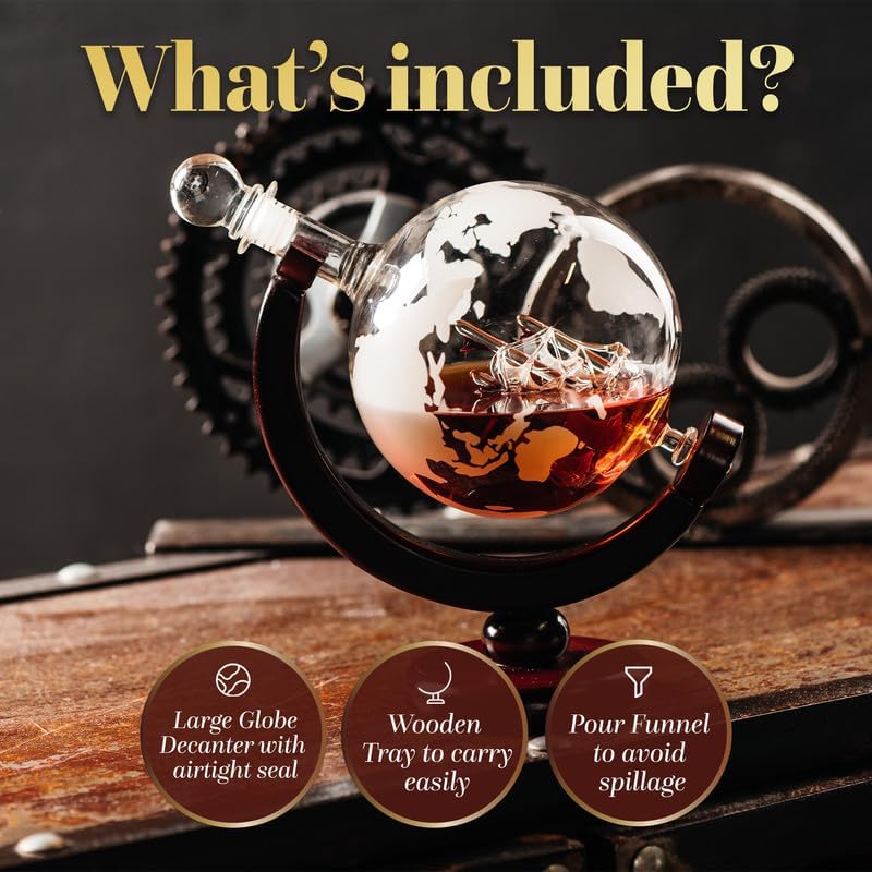Kemstood Whiskey Decanter Sets for Men - Etched World Globe Design with Wood Stand & 2 Glass - Ideal for Dignified Drinking, Home Decor - Unique Whiskey Gifts for Men - 28 oz / 850 ml Capacity