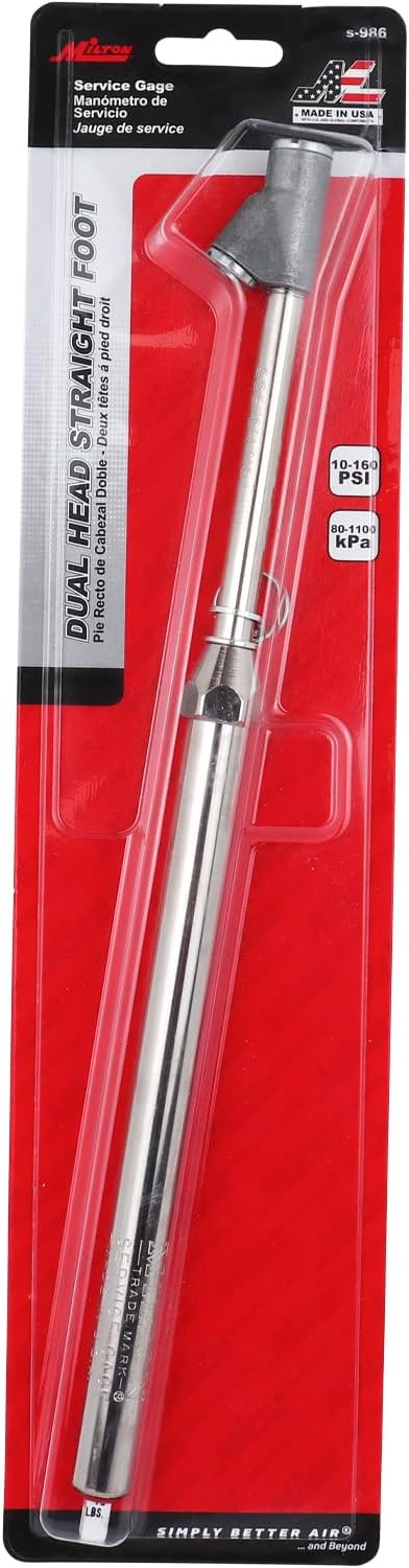 Milton S-986 Straight Foot Dual Head Tire Pressure Gauge with Dual Head Chuck, 10-160 PSI Heavy Duty Air Pressure Gauge for Semi Truck