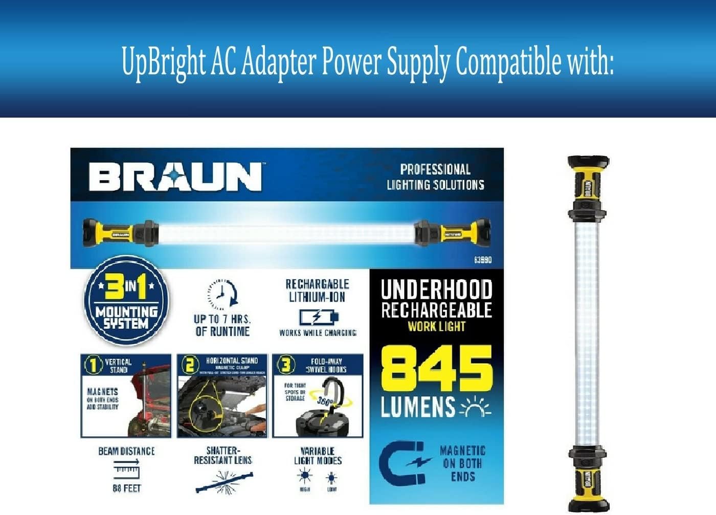 UpBright 6V AC/DC Adapter Compatible with Braun 63990 64797 Harbor Freight Tools 845 350 Lumen Worklight Rechargeable Lithium Li-Ion 3.7V 2000mAh