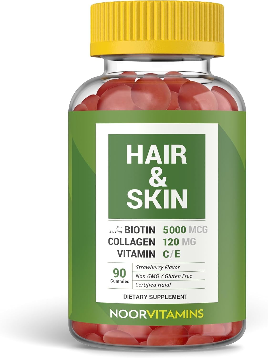 Noor Vitamins Halal Hair Vitamins Biotin, Collagen, Silica, Vitamin C & E Supports Hair, Skin & Nail Health, Natural Strawberry Gummy Vitamins. GMO