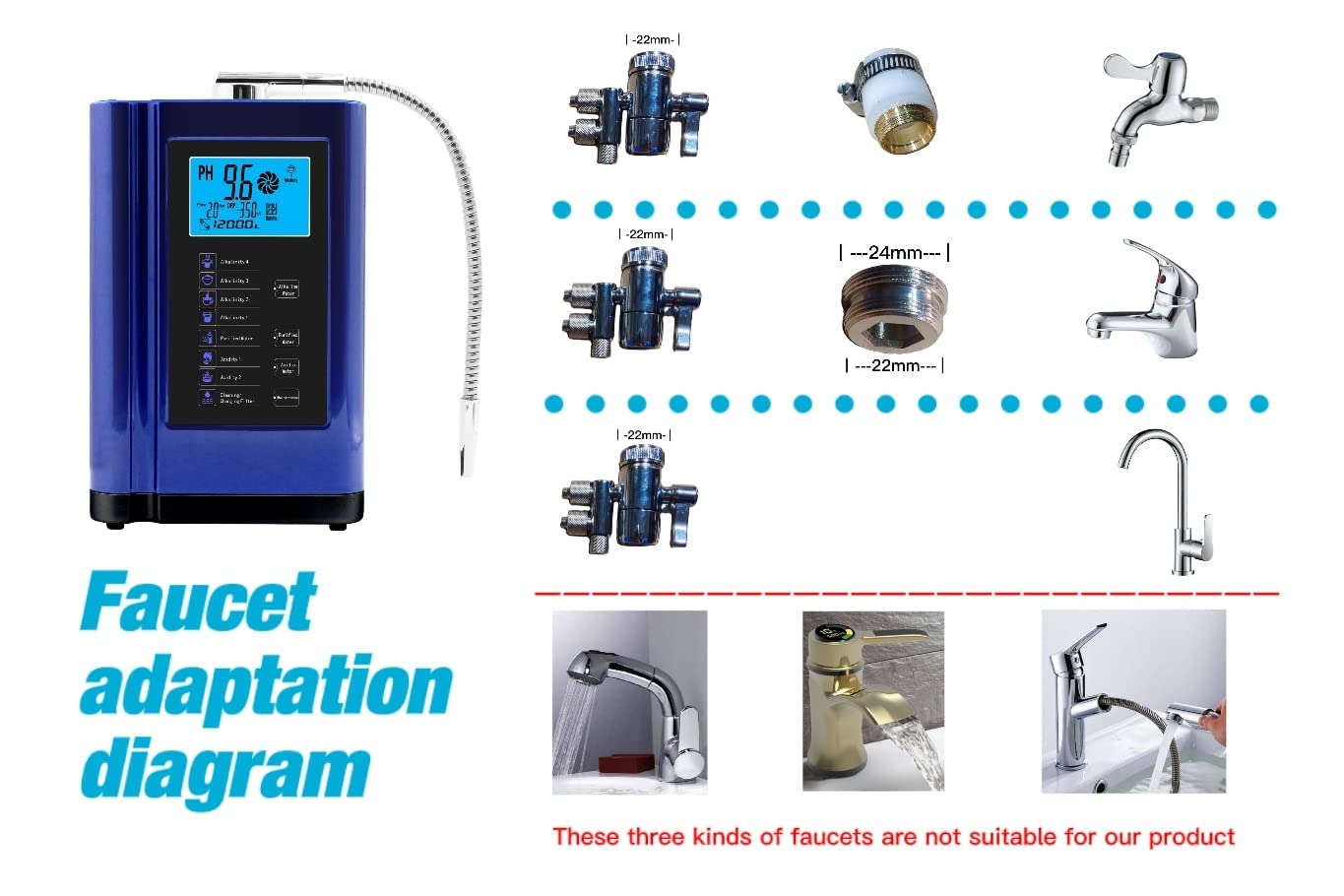Water Ionizer, Water Purifier Machine PH 3.5-10.5 Alkaline Acid Water Machine, Up to -500mV ORP, 8000 Liters Per Filter, 7 Water Settings