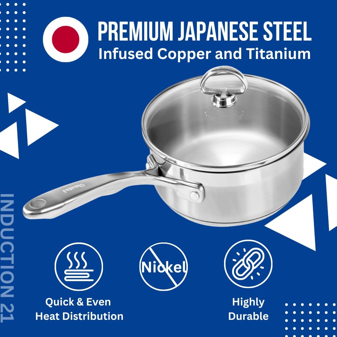 Chantal Induction 21 Steel 1 quart NonStick Saucepan with Tempered Glass Lid, Ceramic Non Stick, Brushed Stainless Steel