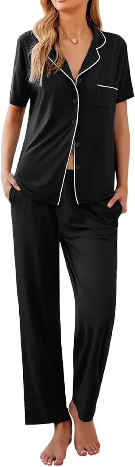 Ekouaer Womens Pajamas Set Short Sleeve Button Down Top & Pants Lounge Pjs