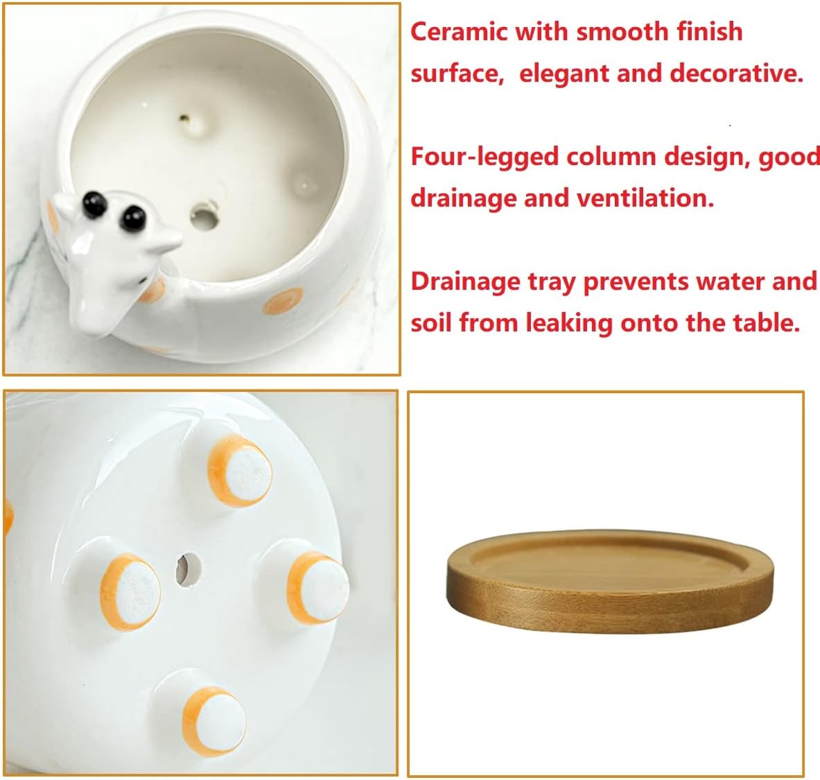 GeLive White Cow Succulent Pot, Small Ceramic Animal Planter with Drainage Hole & Saucer for Cactus, Mini Air Plants, Pencil Holder Brush Organizer, Indoor Home Office Desk Decor, Funny Gift