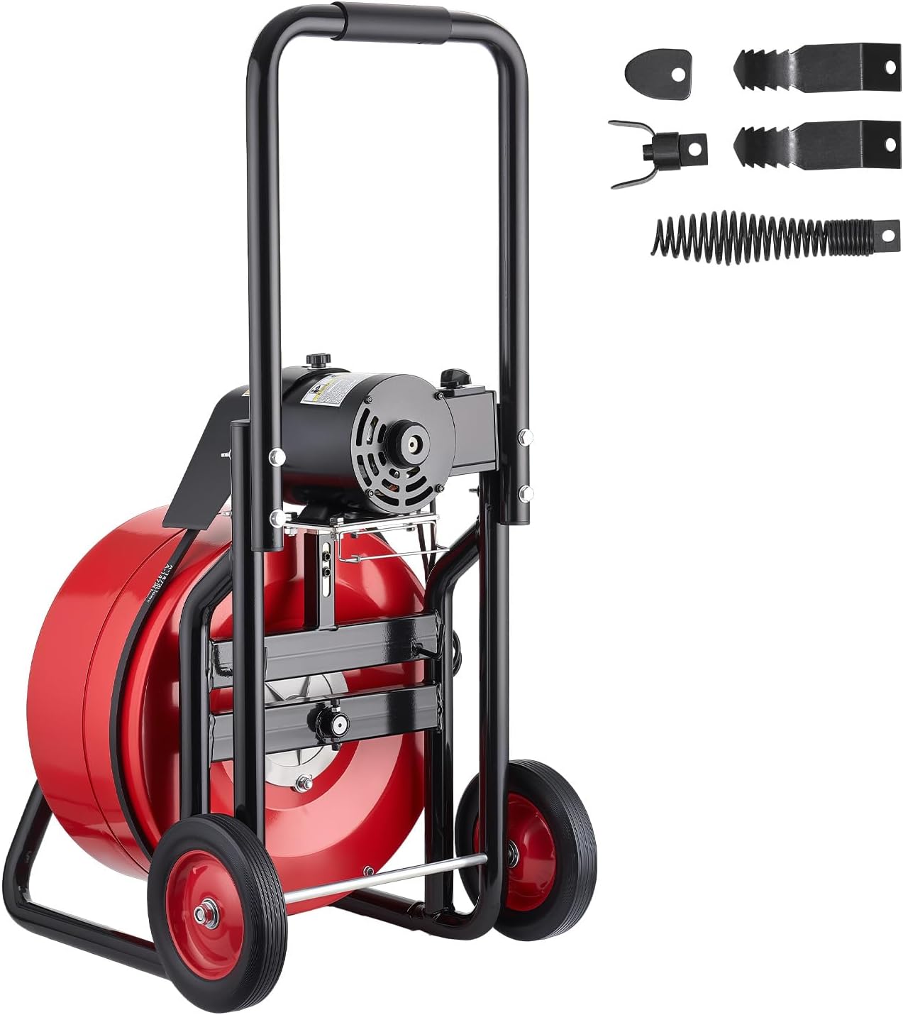 VEVOR Drain Cleaner Machine 75 FT x 3/8 Inch, Auto Feed Sewer Snake Auger on Wheels, Portable Drain Cleaning Machine with 4 Cutters & Air-activated Foot Switch for 2" to 4" Pipes