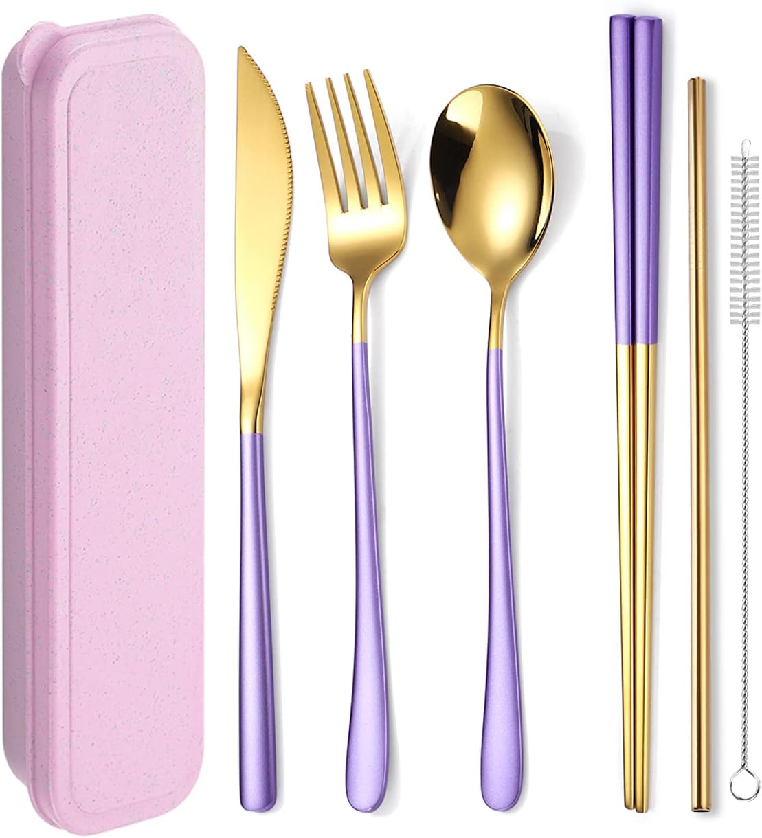 AARAINBOW 6 Pieces 18/8 Stainless Steel Flatware Set Portable Reusable Cutlery Set Travel Utensils Set Including Chopsticks Knife Fork Spoon Straws
