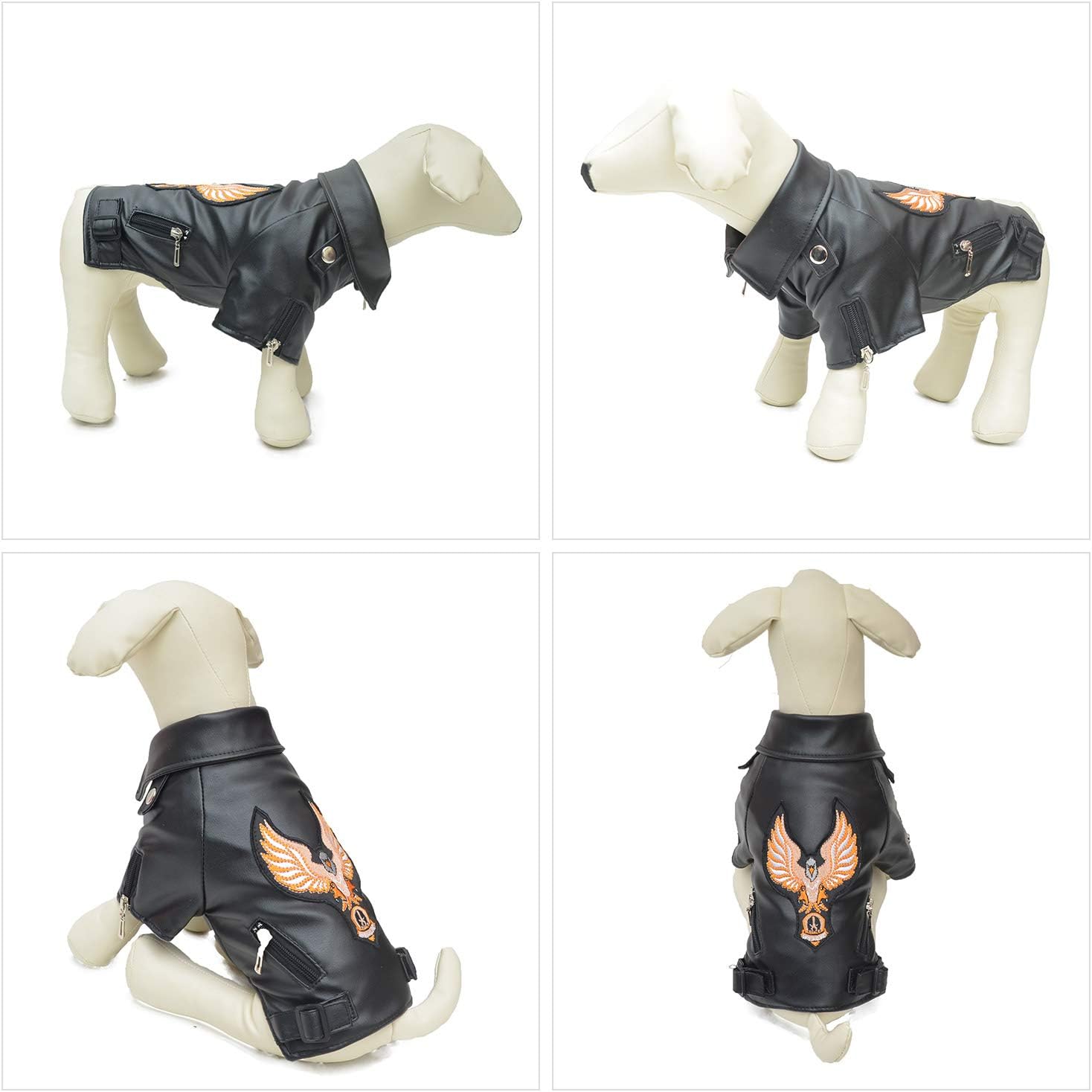 Lovelonglong Cool Dog Leather Jacket, Warm Coats Dogs Windproof Cold Weather Coats for Large Medium Small Dogs with Eagle Embroidery Black XS
