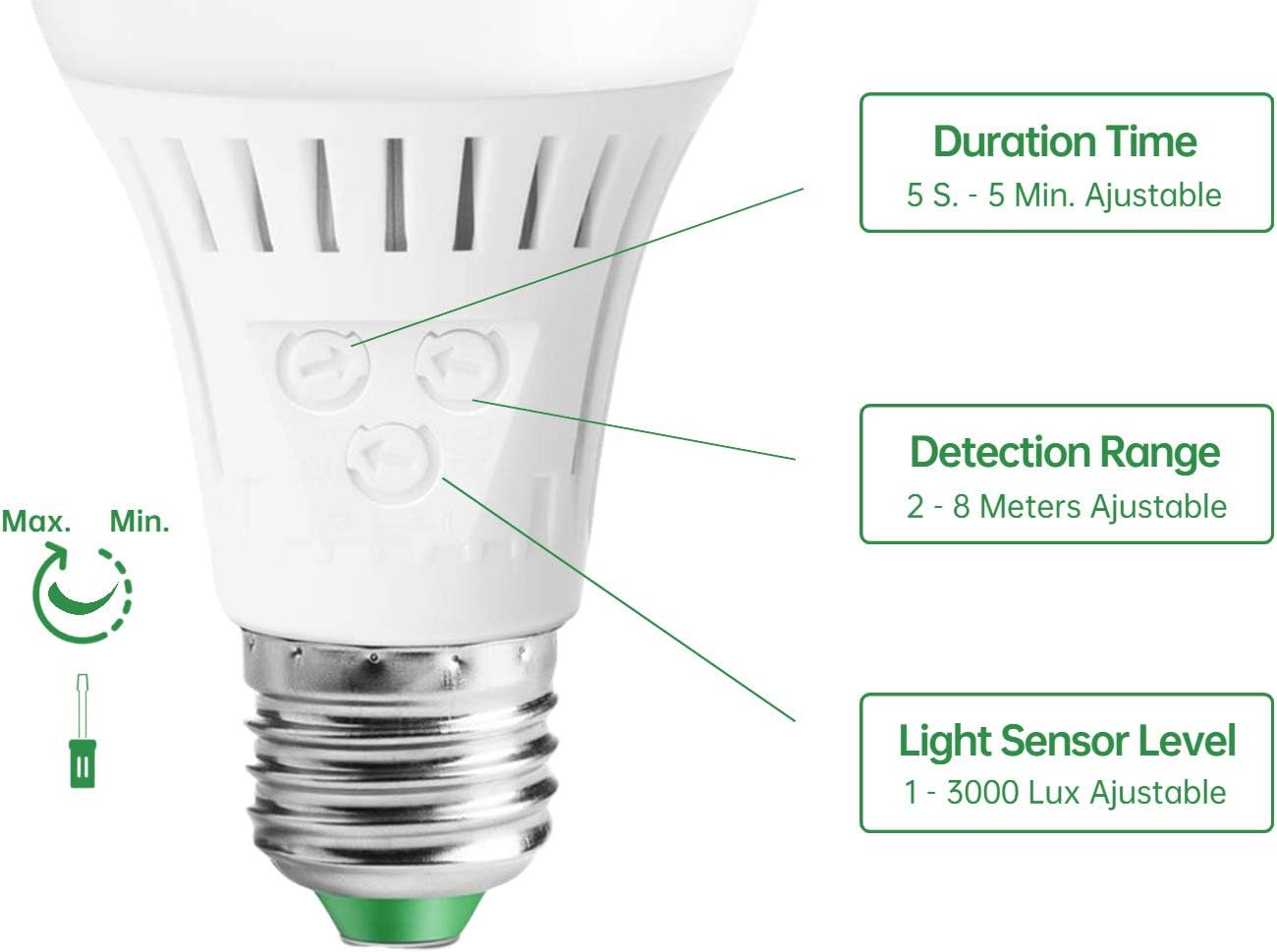 Motion Sensor Light Bulb with Dusk to Dawn Lights Sensor, E26 Base, 7W LED(60W Equivalent), Warm White(3000K), Motion Sensitivity, Time and Twilight Setting Adjustable