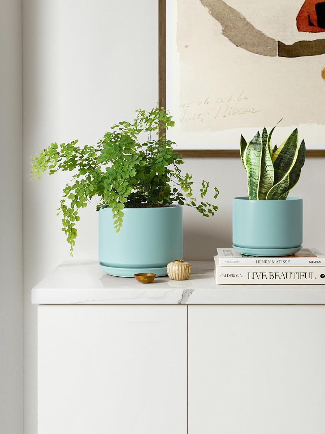 LE TAUCI Ceramic Plant Pots, 4.3+5.3+6.8 inch, Set of 3, Planters with Drainage Hole and Saucer, Indoor Flower Pot with Hole Mesh Pad, Gifts for Mom
