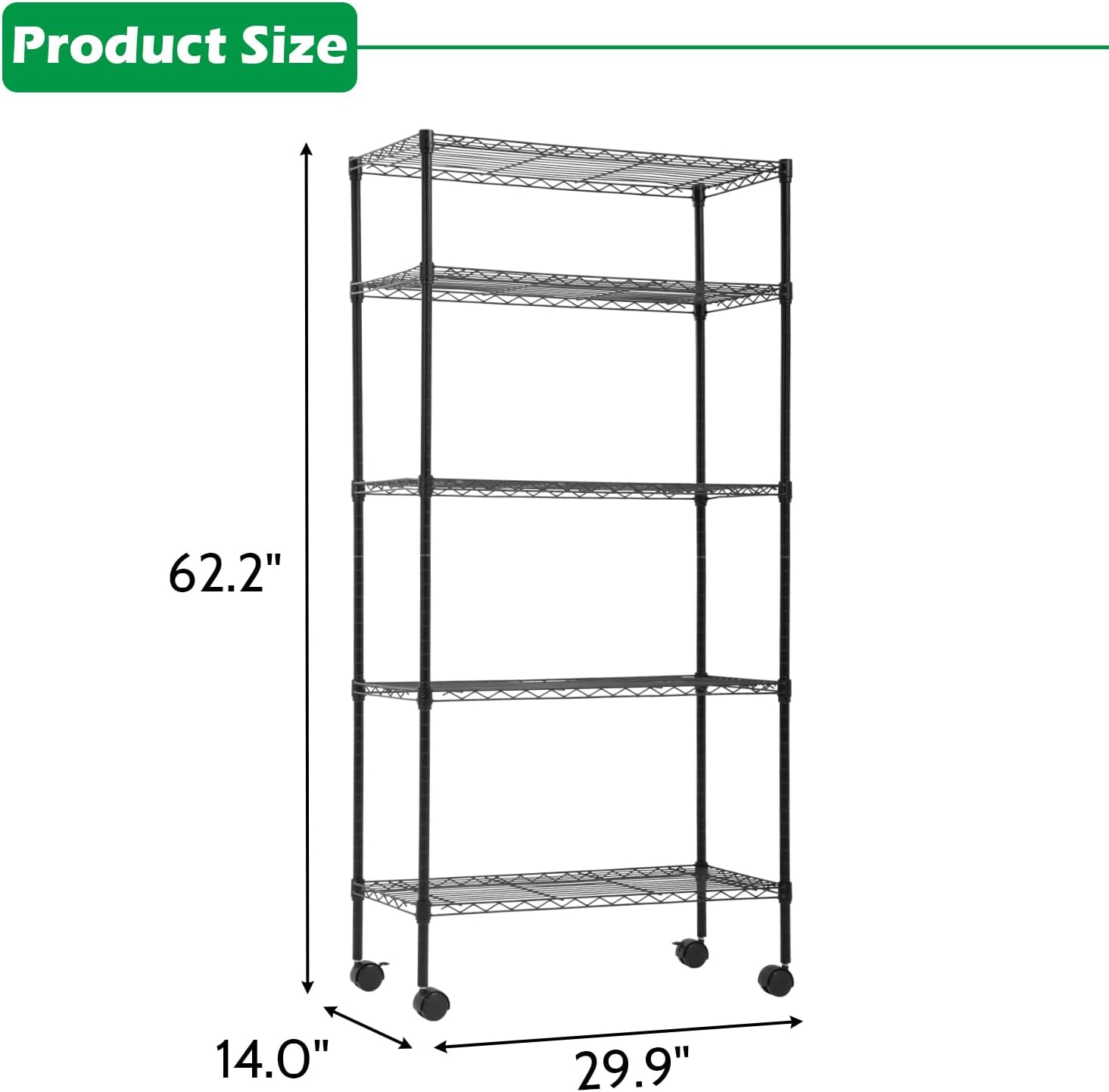 PayLessHere | 6-Tier Wire Shelf with Wheels | 45"x18"x82" | Black