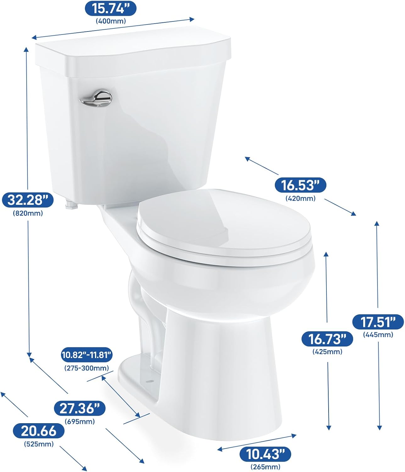 Two-Piece Toilets for Bathrooms, Comfort ADA Toilet with 19" Height, Elongated with Soft Close Seat, Power Flush 1.28 GPF
