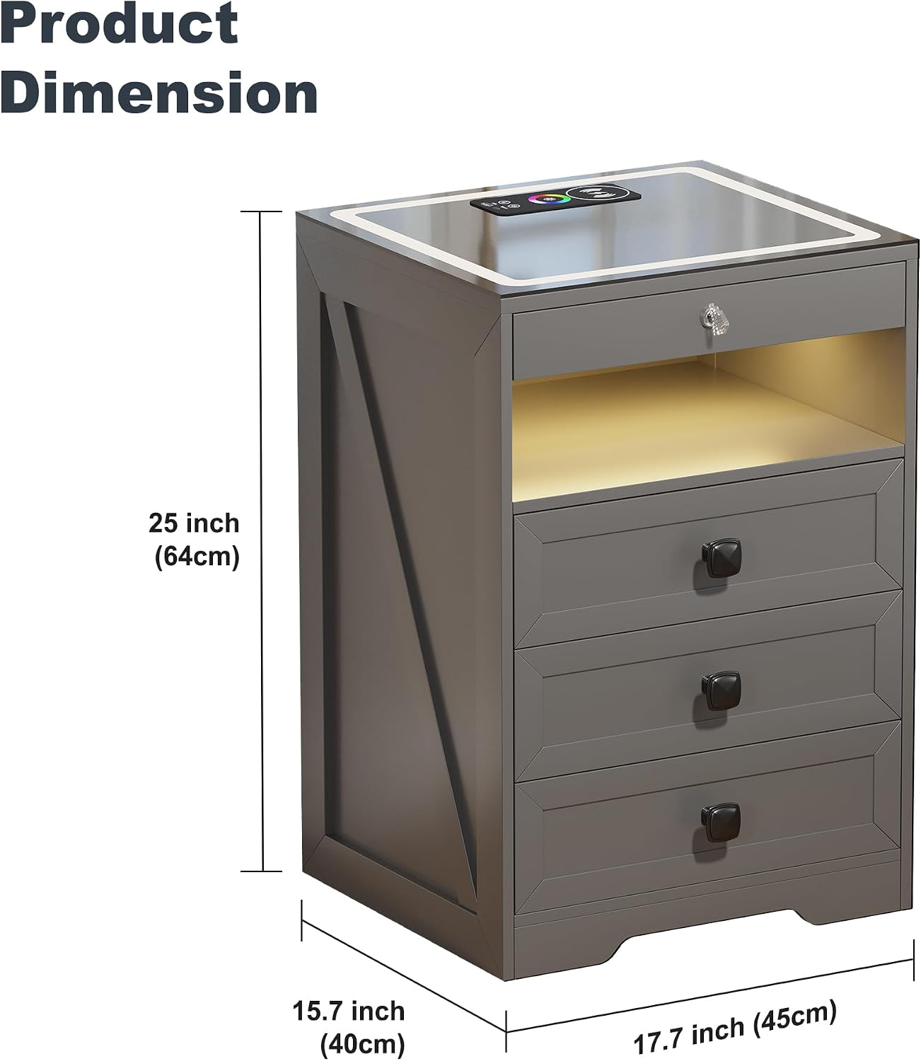 Lvifur LED Nightstand with Lockable Gun Drawer and Human Sensor, Black | USB & Type-C Charging Station, 3 Dimmable Lights, Adjustable Brightness, 3 Drawers, Farmhouse Style, Human Body Induction