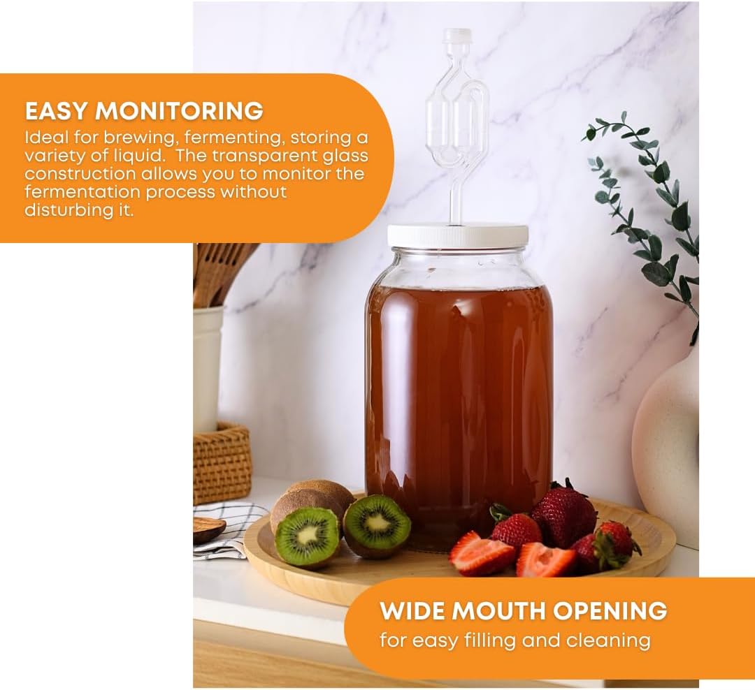 2-Pack 1 Gallon Glass Jar with Lid | Wide Mouth Twin Bubble Airlock Set | Heavy-duty Glass Jars with Airtight Lid for kombucha