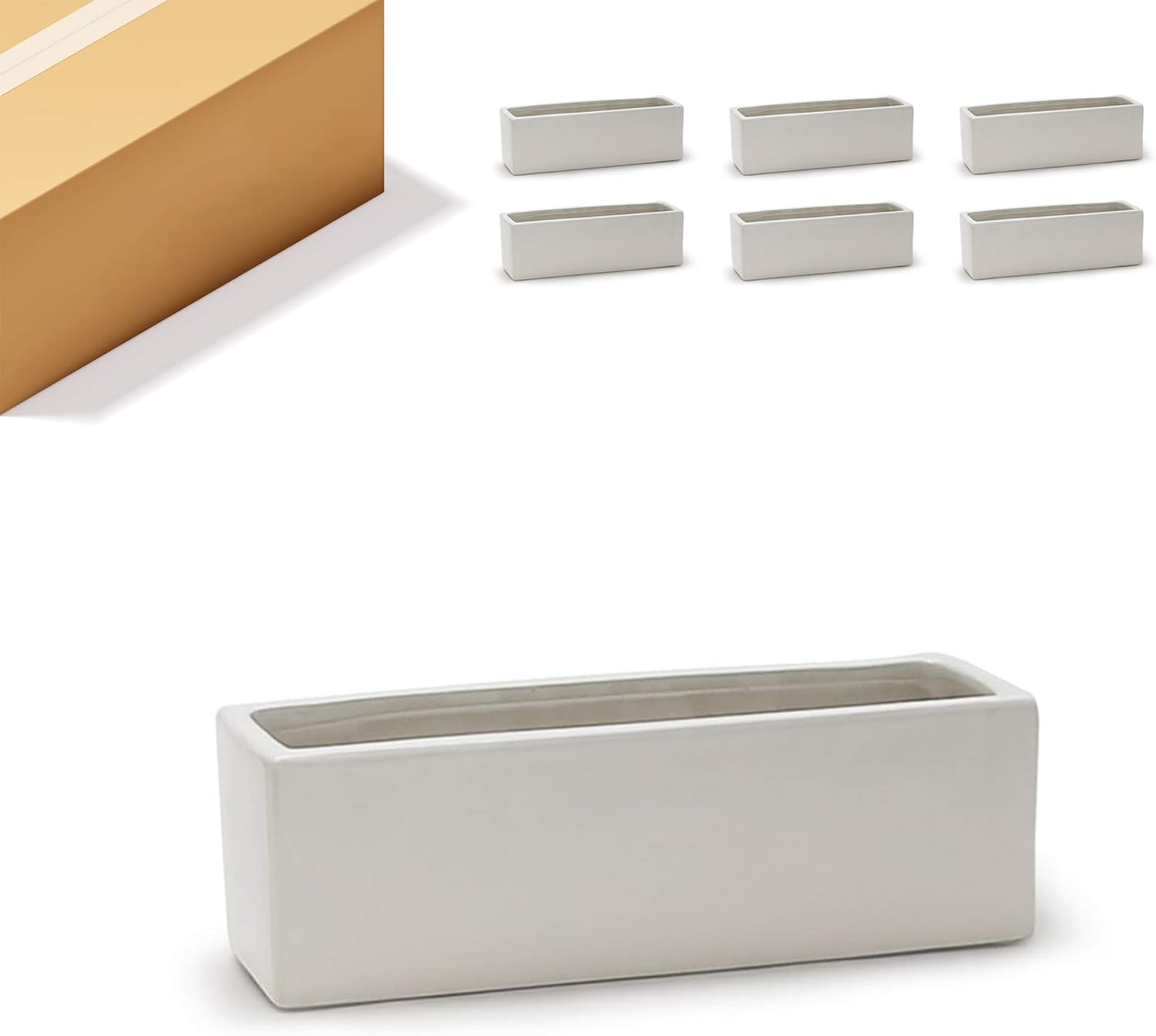 WGVI Long Rectangle Ceramic Planter Vase in White 14" x 4" x 4"H, Rectangular Box Block Terrarium Pot, Flower Arrangement, Tabletop Centerpiece
