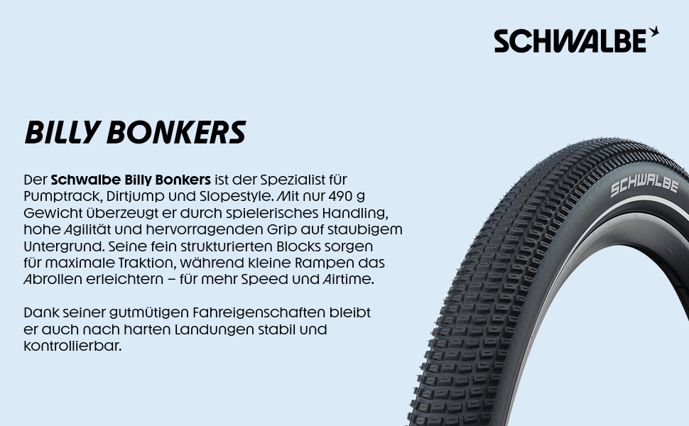 Text reads 'SCHWALBE' 'BILLY BONKERS'. Multiple images showing a bike tire with knobby tread pattern and tan sidewalls, indicating an off-road bicycle tire design.