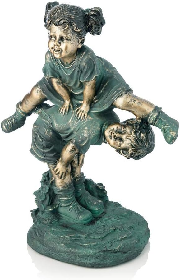 Alpine Corporation 26" Tall Indoor/Outdoor Girl Jumping Over Boy Statue Yard Art Decoration