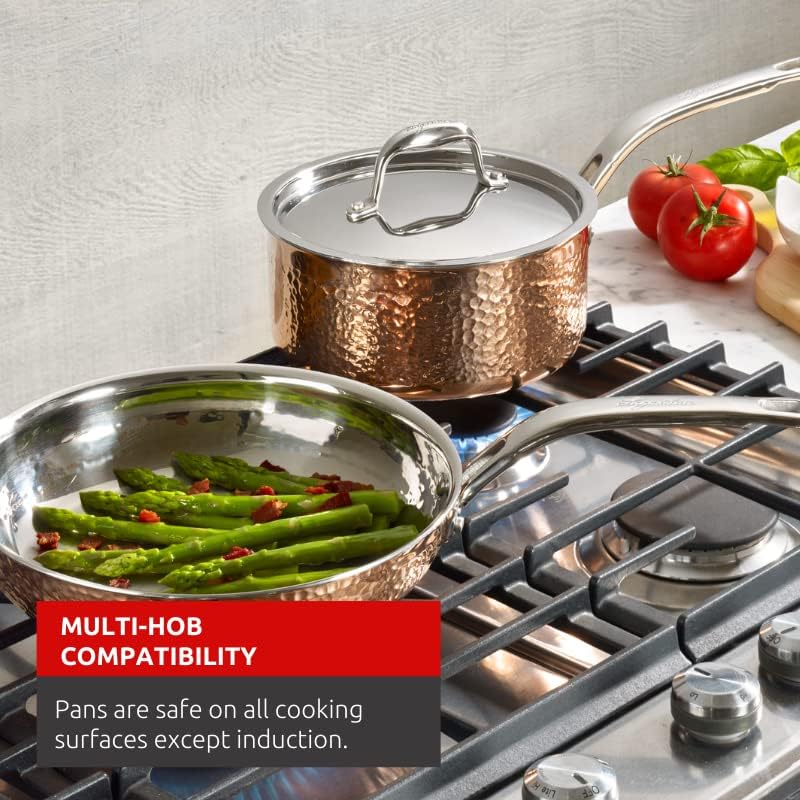 Lagostina Martellata Tri-ply Hammered Copper 11 PC Pots and Pans Cookware Set, Copper