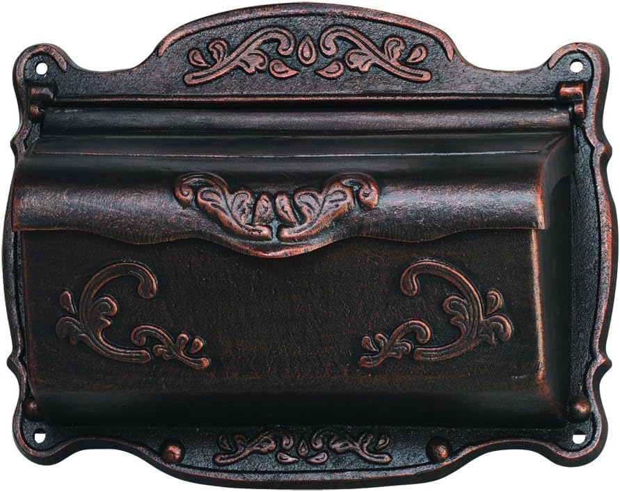 Antique Bronze Finishing Cast Aluminum Wall Mounted Mailbox, Weather-Resistant, Elegant Vintage Design. Size: 17.5" D x 5.3" W x 12.25" H. Includes 4 Pieces Finish Mounting Screws