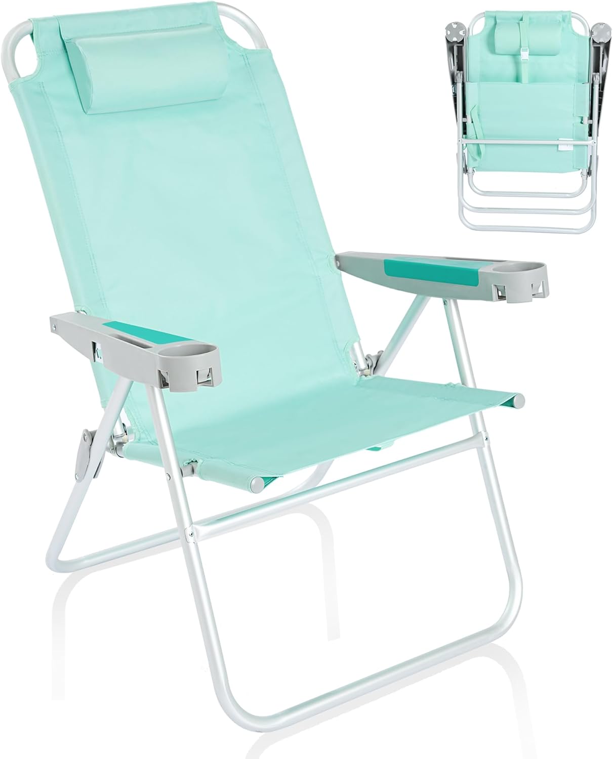 SUNNYFEEL Oversized Tall Folding Beach Chair Lightweight, 17" Portable Sand Chair for Adults Heavy Duty 500 LBS with Cup Holders