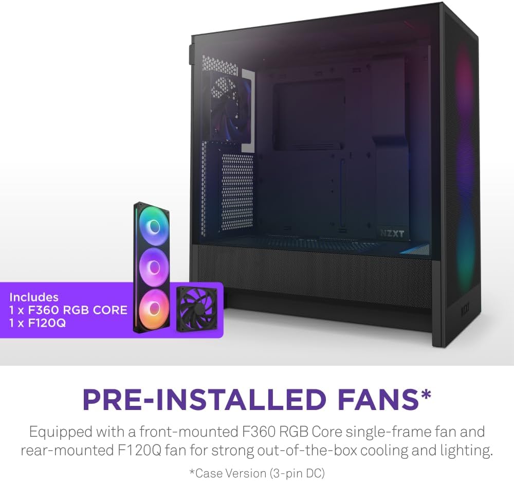 NZXT H5 Flow RGB - Compact ATX Mid-Tower PC Case - White | Compact mid-tower with included F360 RGB Core fans, 360mm radiator support, tempered glass. CAM-ready RGB out of the box.