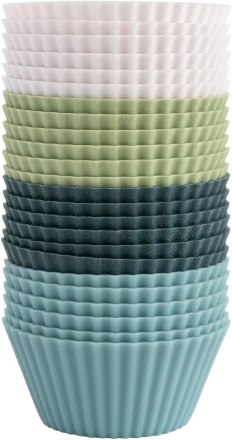 The Silicone Kitchen Reusable JUMBO Silicone Baking Cup, Non-Toxic, BPA Free, Dishwasher Safe, Jumbo, 12 Pack, White Blue Green
