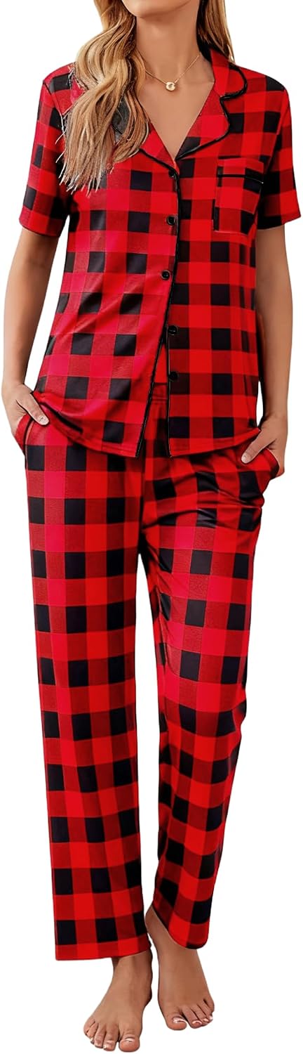 Ekouaer Womens Pajamas Set Short Sleeve Button Down Top & Pants Lounge Pjs
