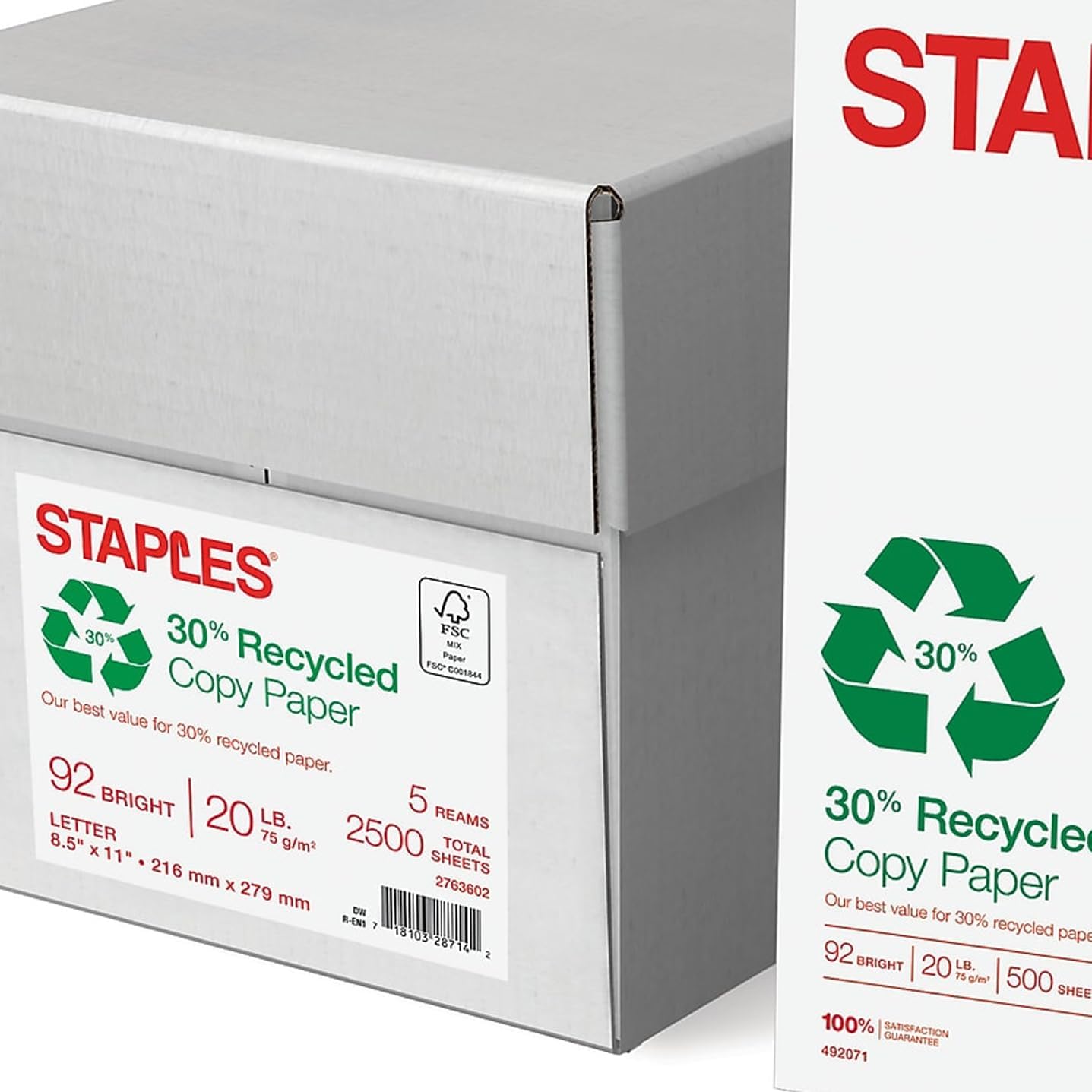 Staples 30% Recycled 8.5-Inch X 11-Inch Copy Paper 20 Lbs 92 Brightness 500/Ream, For Office, School & Home