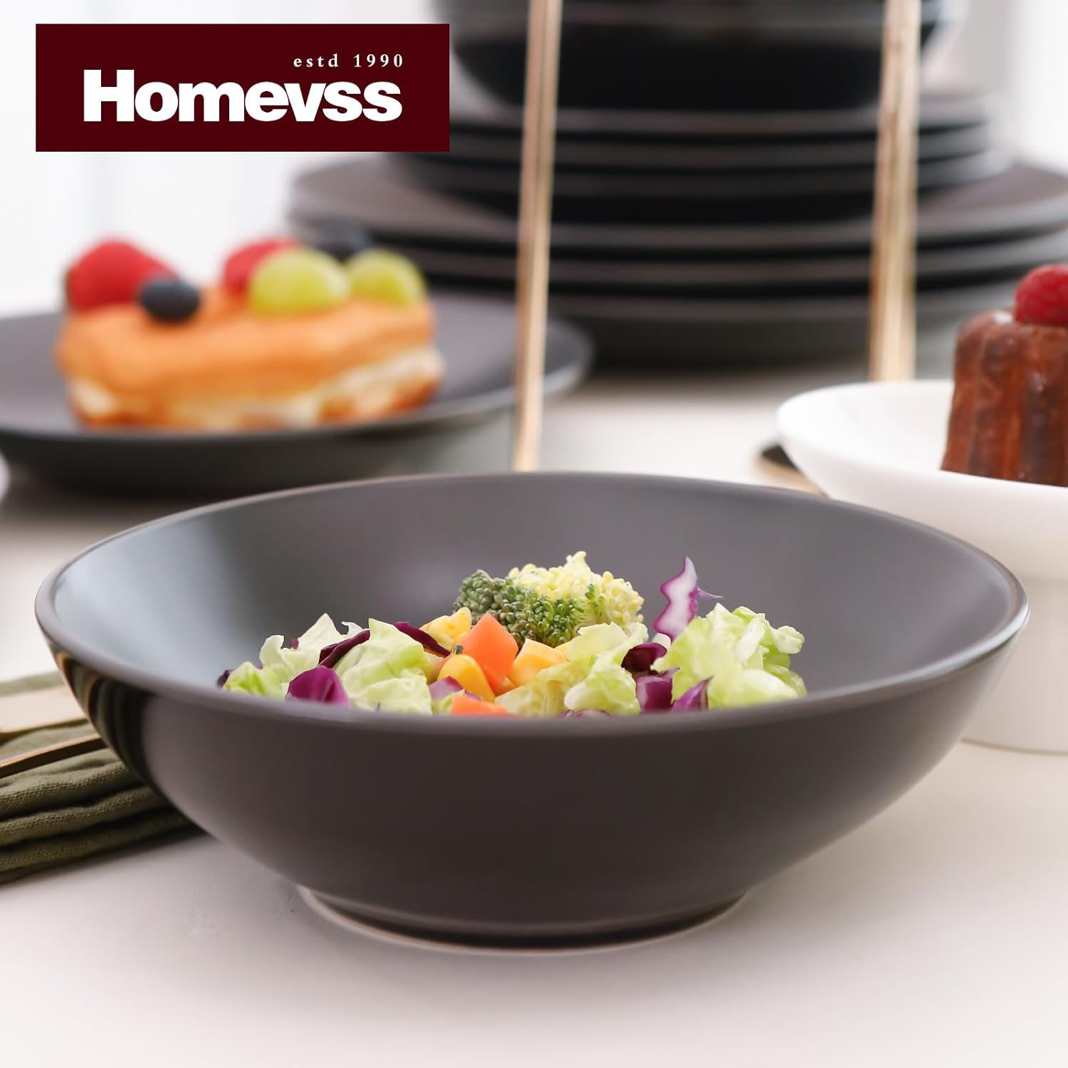 Stoneware Two-Tone Colors Life 16pc Dinner Set，Outside Shiny Black + Inside Matte Glaze Olive