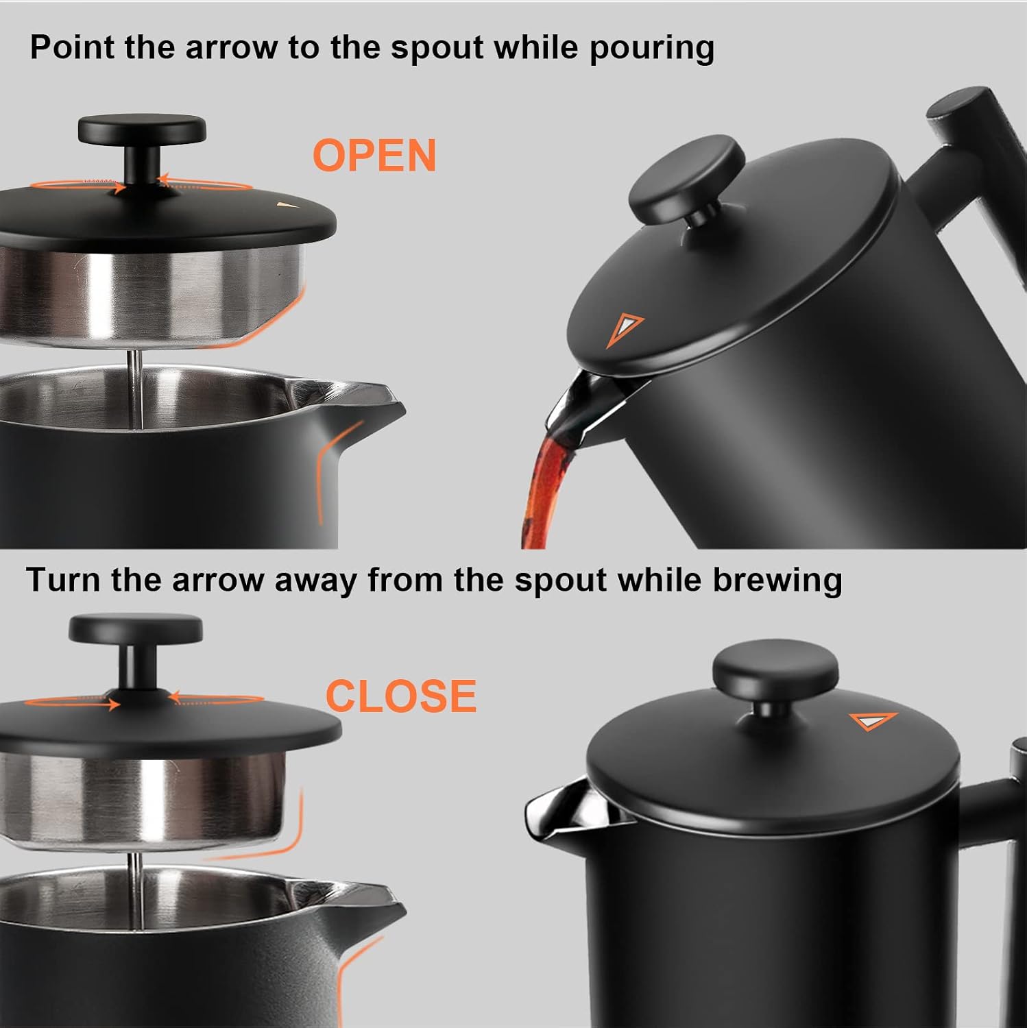 Secura French Press Coffee Maker, 304 Grade Stainless Steel Insulated Coffee Press with 2 Extra Screens, 34oz (1 Litre), Silver