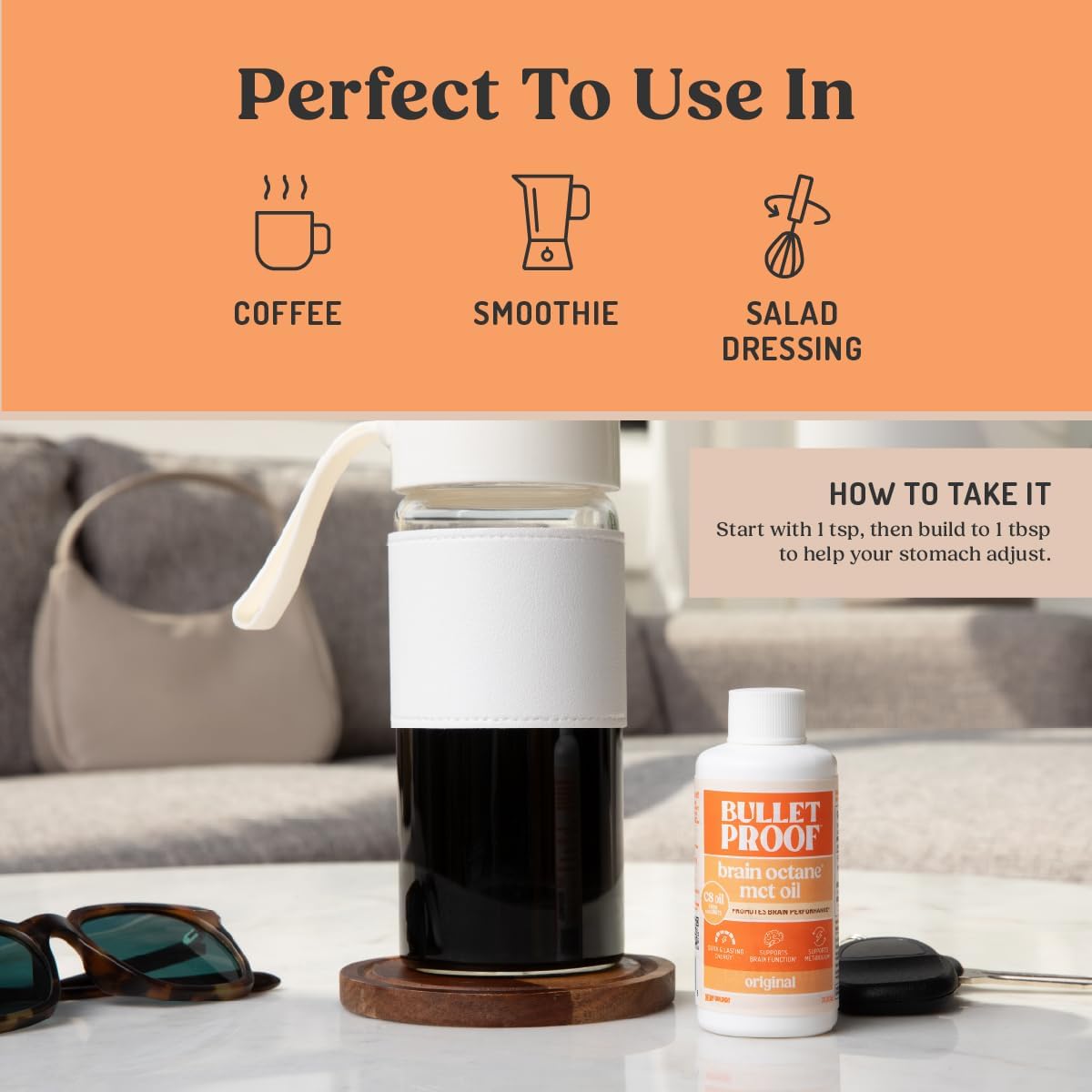 Bulletproof Brain Octane C8 MCT Oil, Non-GMO, 16 oz – 100% C8 from Coconut | 100% Pure Coconut Oil, Triple-Distilled Keto Energy Supplement for Coffee & Smoothies, Unflavored, No Additives, Non-GMO