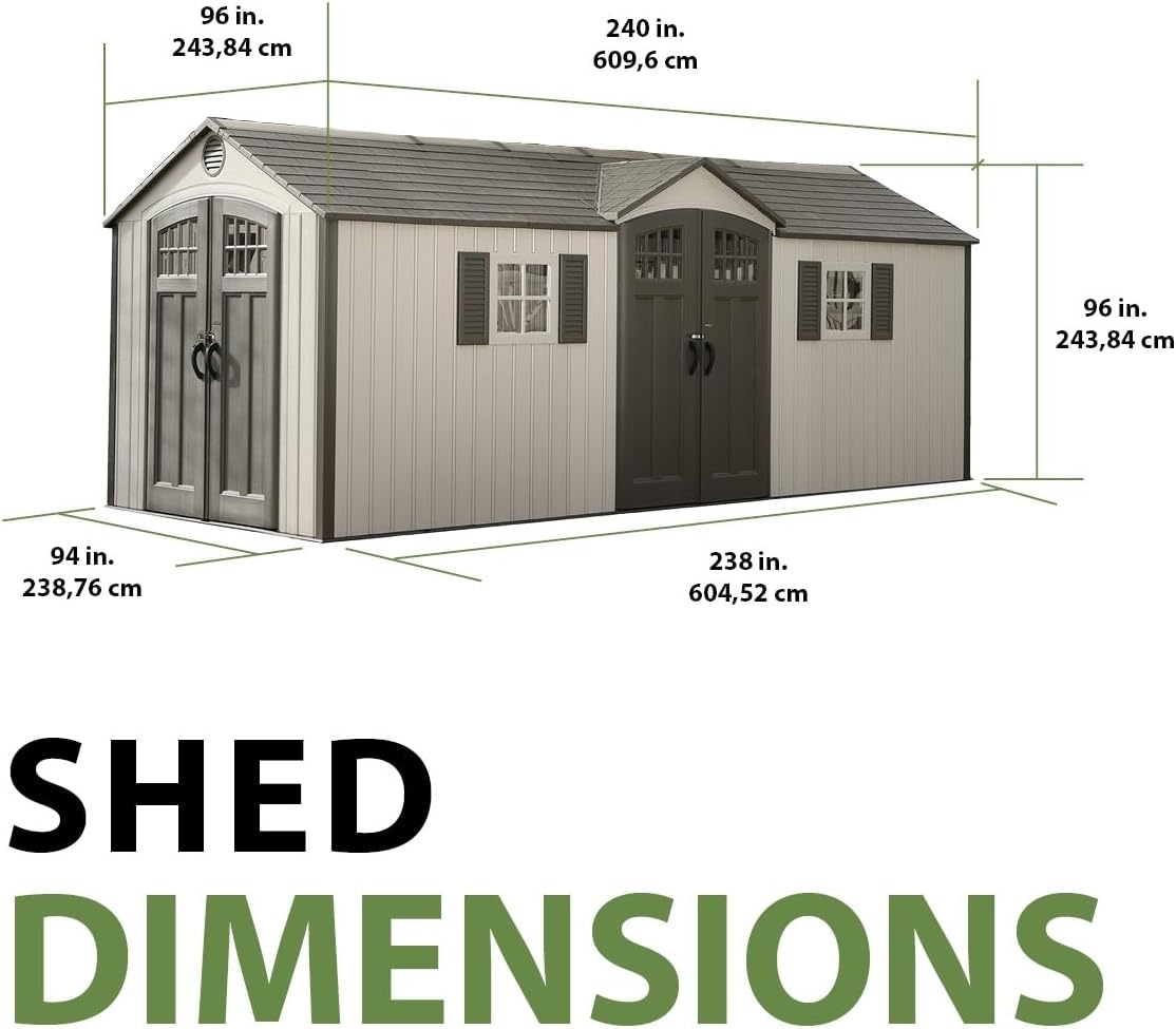 Lifetime 20 x 8 Ft. Outdoor Storage Shed with Steel Reinforced HDPE Walls, Lockable Doors, Windows, Skylights, Adjustable Shelving
