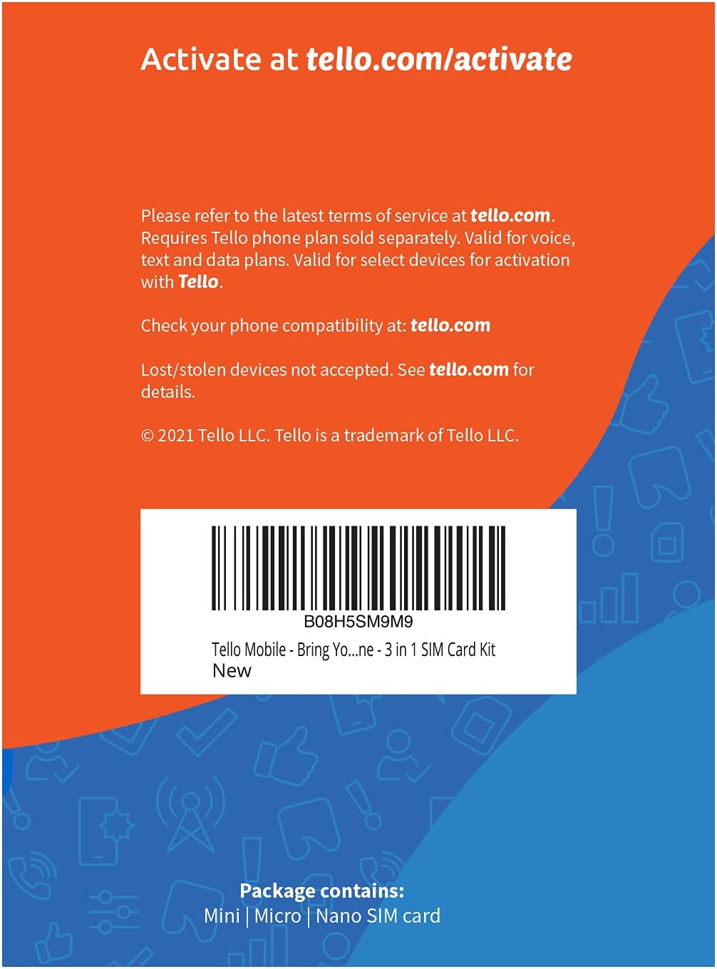 Tello Mobile - US Prepaid SIM Card (3 in 1) | Bring Your Own Phone Kit | Phone Plans Starting at $5/mo up to $25/mo | Nation-Wide 4G LTE/5G Coverage