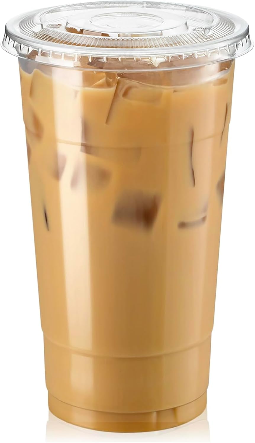 Fit Meal Prep 100 Pack 16 oz Clear Plastic Cups with Flat Lids, Disposable Iced Coffee Cups, BPA Free Premium Crystal Smoothie Cup for Party, Lemonade Stand, Cold Drinks, Juice, Milkshake