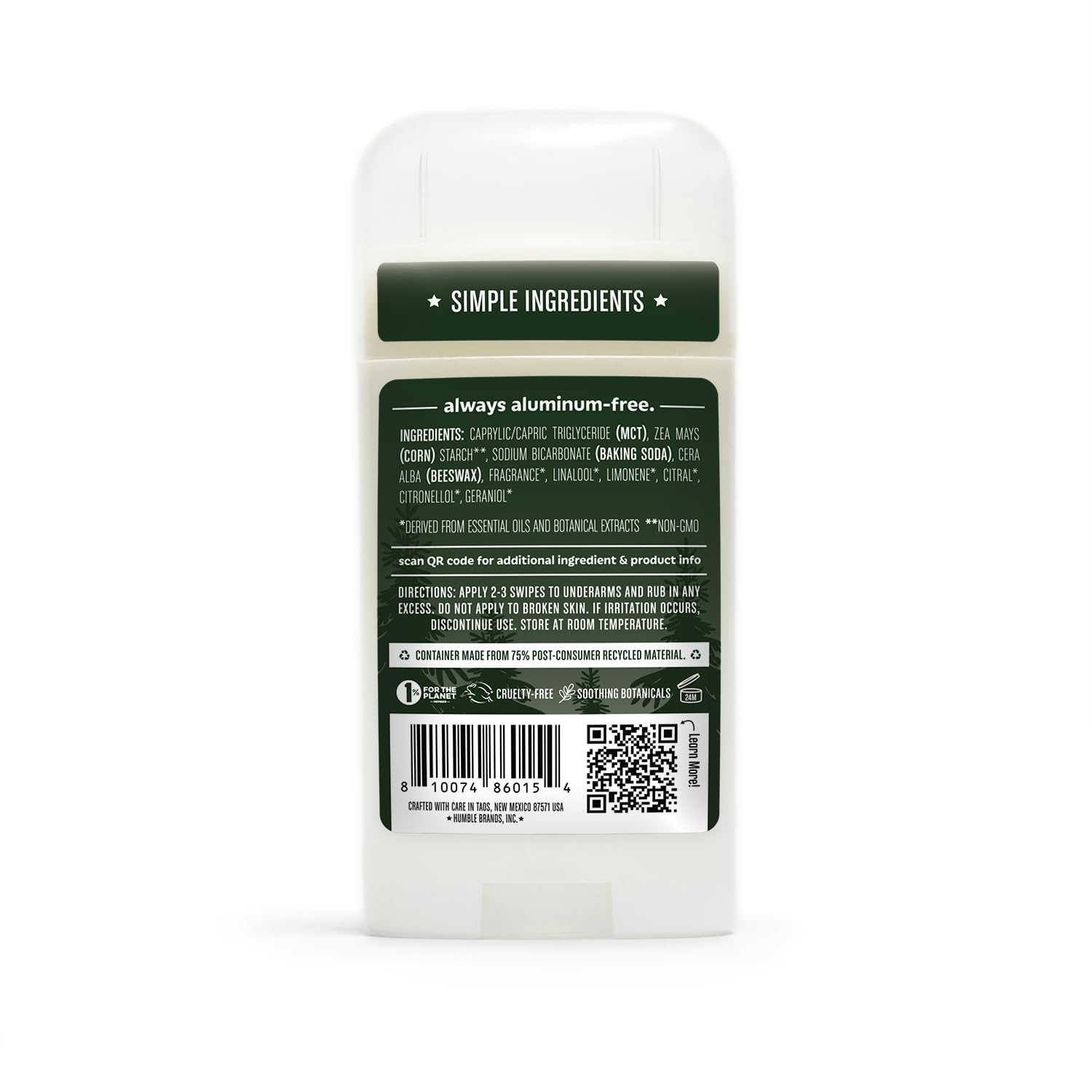 Humble Aluminum-Free Deodorant, Simply Unscented - 1 Pack | Baking Soda-Free, Clean, Fresh, Natural, Essential Oils, Sensitive Skin, Long-Lasting Odor Control, Cruelty-Free, Men & Women